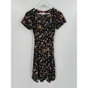 Esprit Dress Womens Medium Black Floral Tie Back Button Front V Neck Casual
